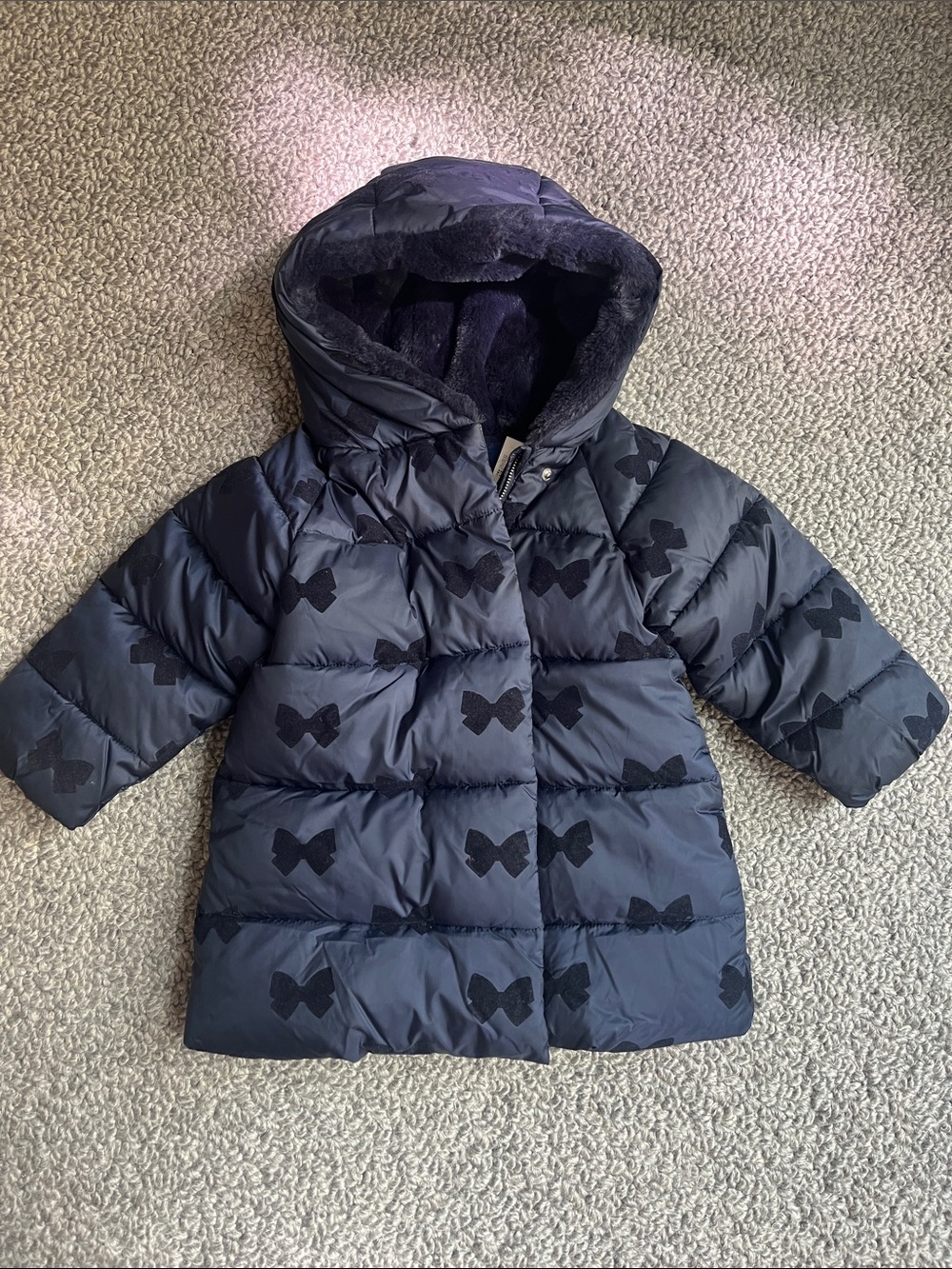 JACADI Girls' Navy Puffer Coat with Hood and Bow Print